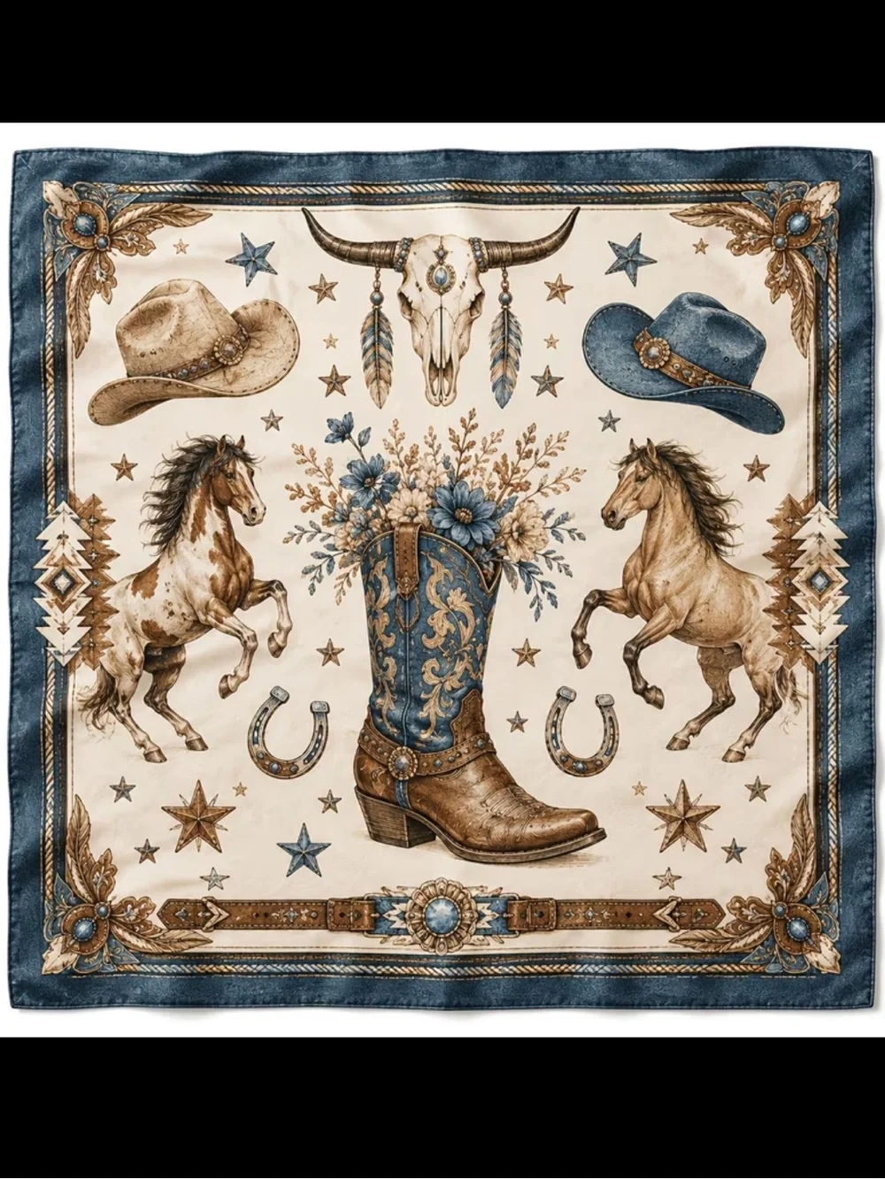 Western Boot Print Scarf & Wrap — Blue and Cream